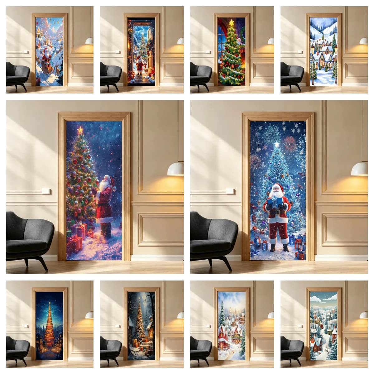 Christmas Theme Door Sticker, Self‑Adhesive Holiday Mural Decal for Home Interior Doors Christmas Party Ornamental Decoration