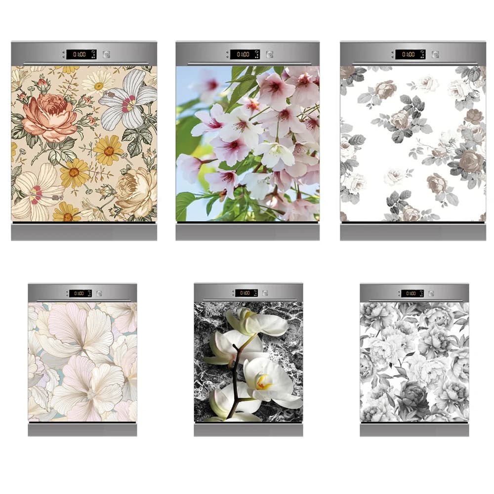 Flat Lay Elegant Floral Print Dishwasher Sticker Kitchen Waterproof Self-adhesive Refrigerator Door Sticker Wall Decoration