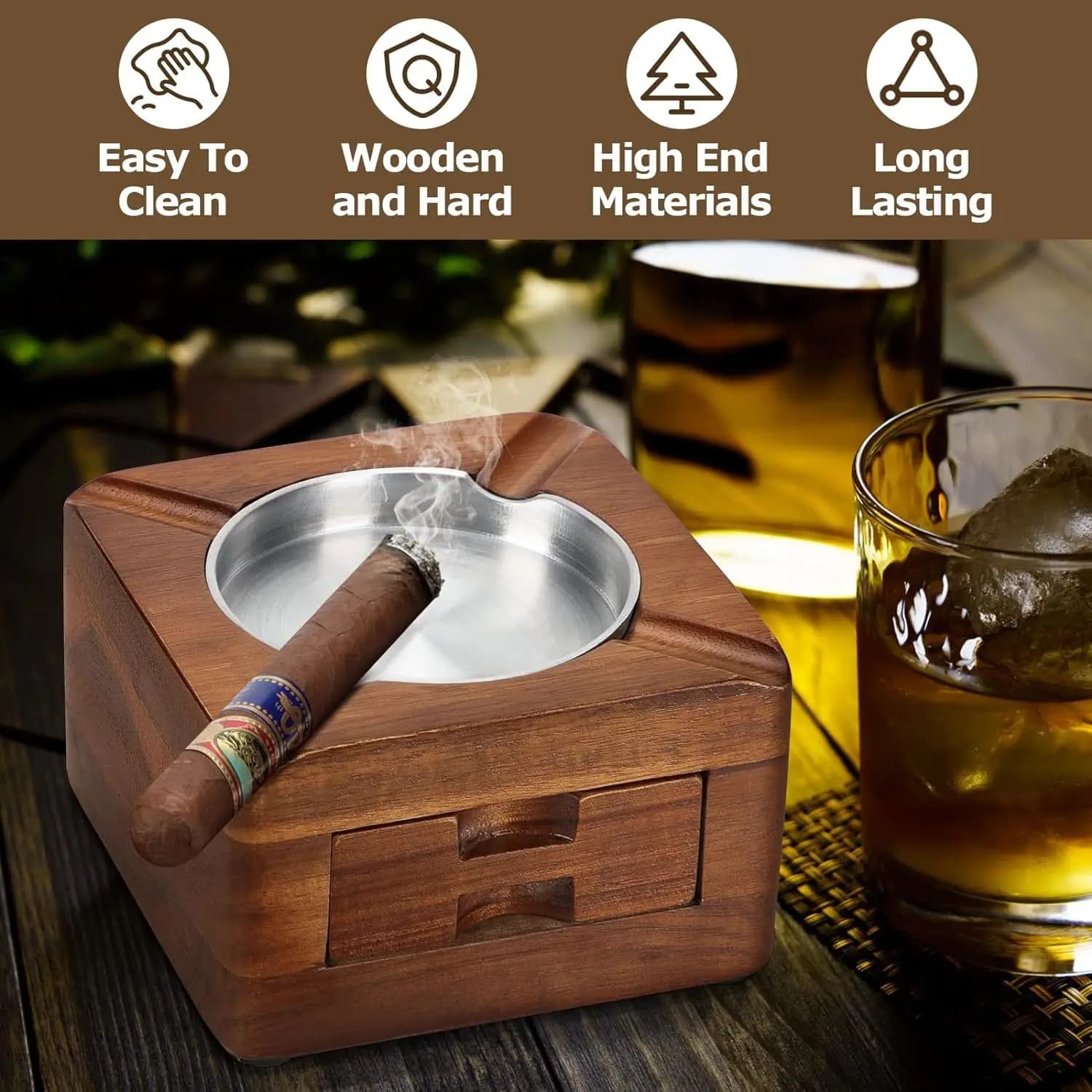Wooden Cigar Ash Box Solid Wood Drawer Cigar Ashtray Portable Solid Wood Car Ashtray Storage Box Portable Ashtray