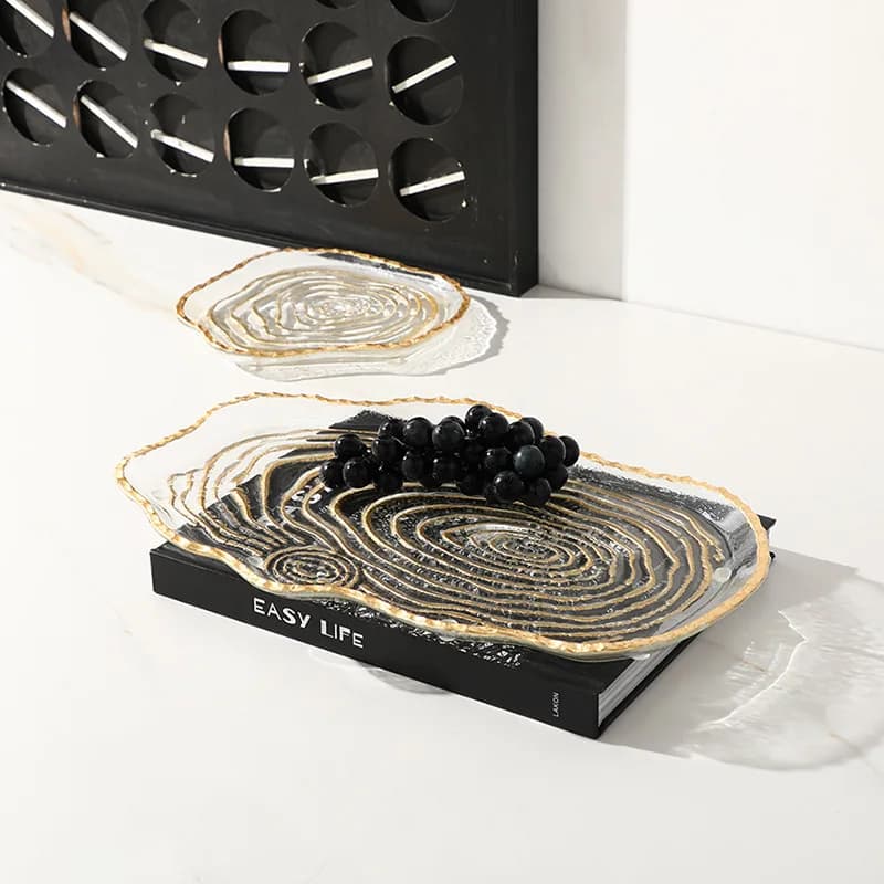 Creative modern light luxury gold foil glass dinner plate, fashion exhibition hall villa dining table fruit plate ornament