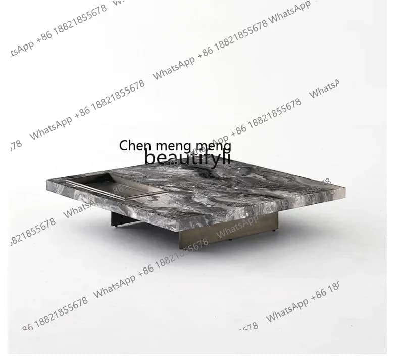 182Q Italian Minimalist Designer Brown Natural Marble Square Coffee Table Living Room Stainless Steel Brushed Base