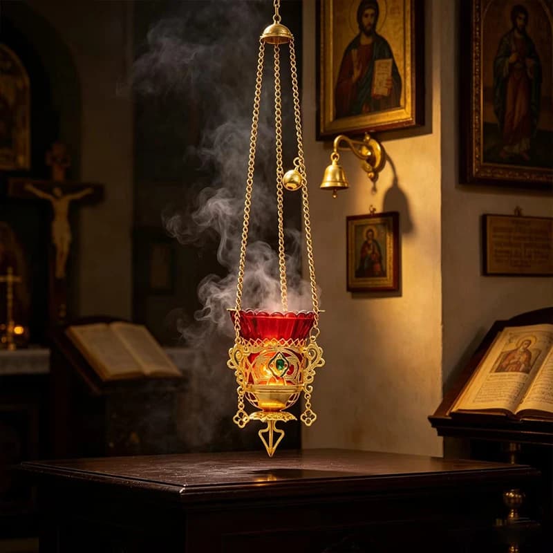 Gold Plated Catholic Orthodox Hanging Censer with Filigree Carvings and Emerald Green Gem for Church Home Altar Devotion Gift
