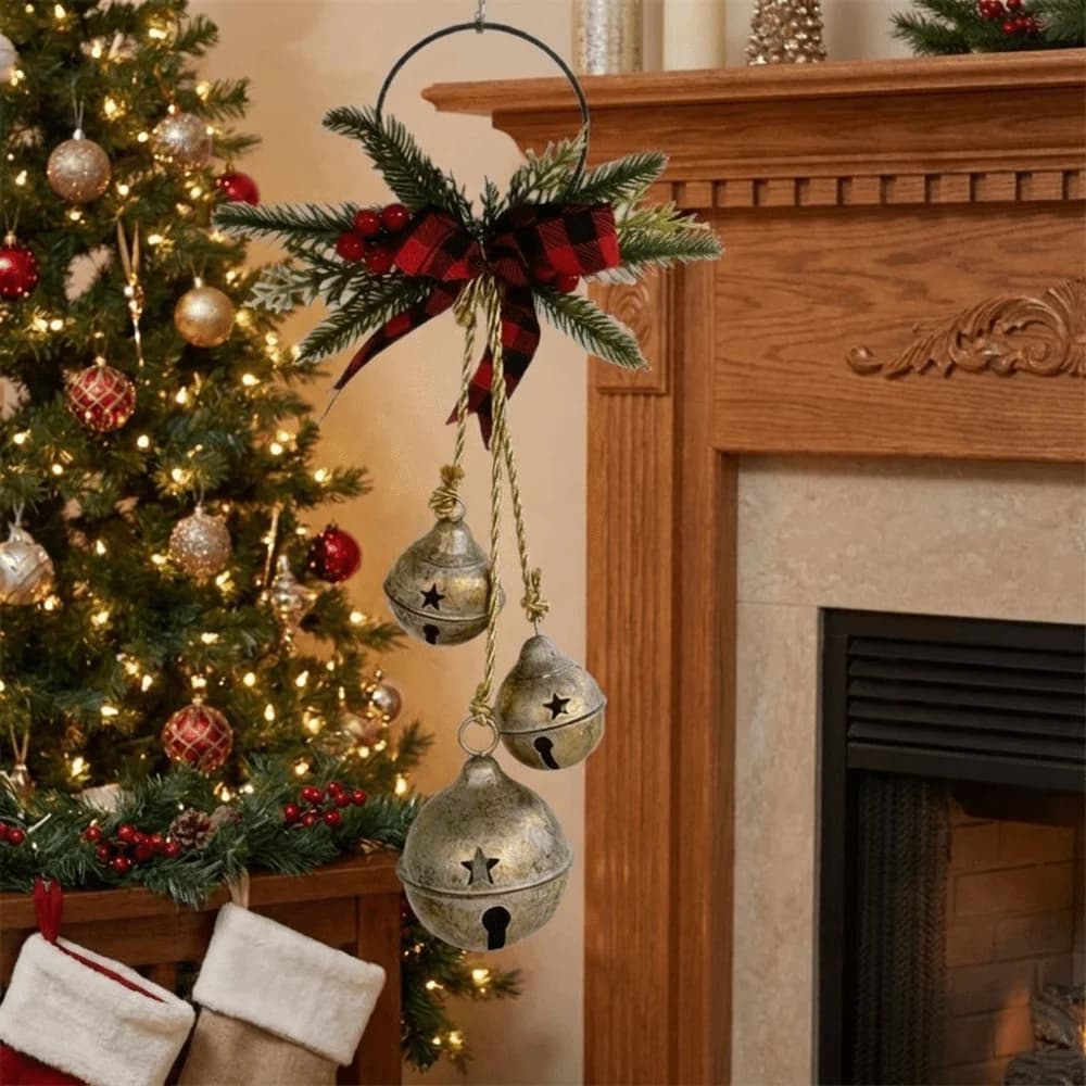 Three-Bell Christmas Tree Bell Decorations Rustic Style Shatterproof Wall Hanging Ornament Festive with Bowknot