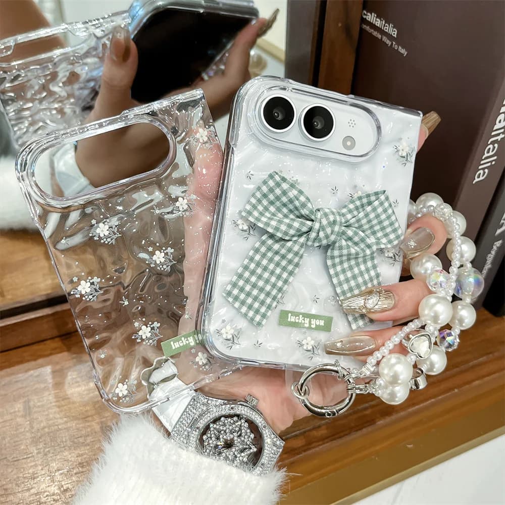 Cute 3D Plaid Bowknot Small Floral Phone Case For iPhone Duo Fold Water‑Ripple Shell Pearl Shockproof Hard Cover For Girls