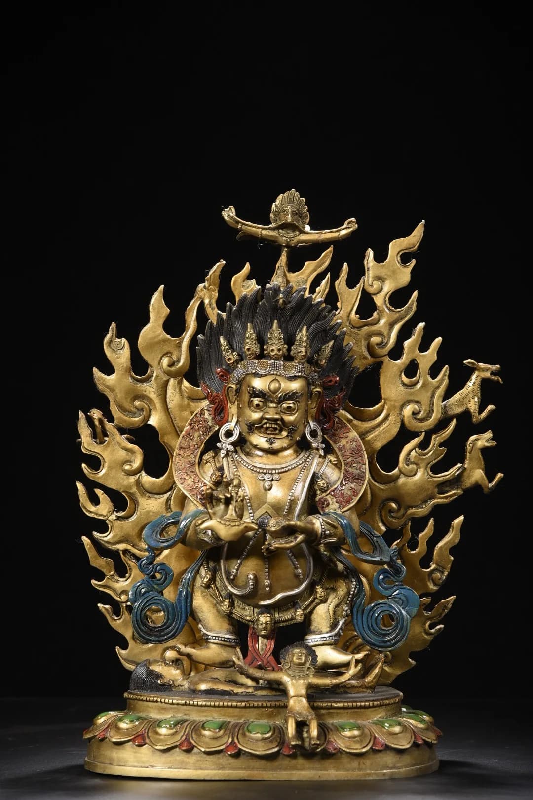 17"Tibetan Temple Collection Old Bronze Gilded Cinnabar Painted Mahakala Standing Buddha Backlight Lotus Terrace Worship Hall