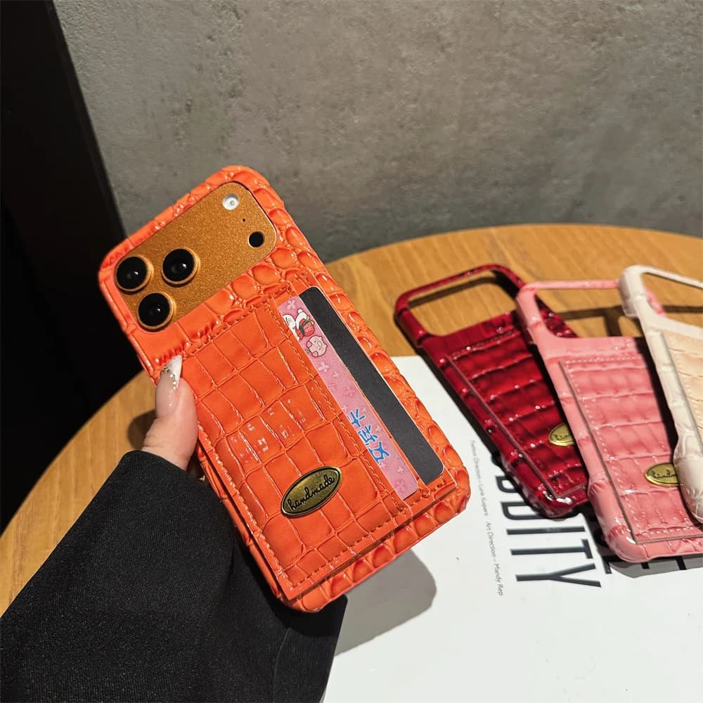 Luxury Stylish Golden Label Card Holder Phone Case for 17 Pro Max Glossy Crocodile Pattern PU Cover for iPhone 16 15 14 13 Pro