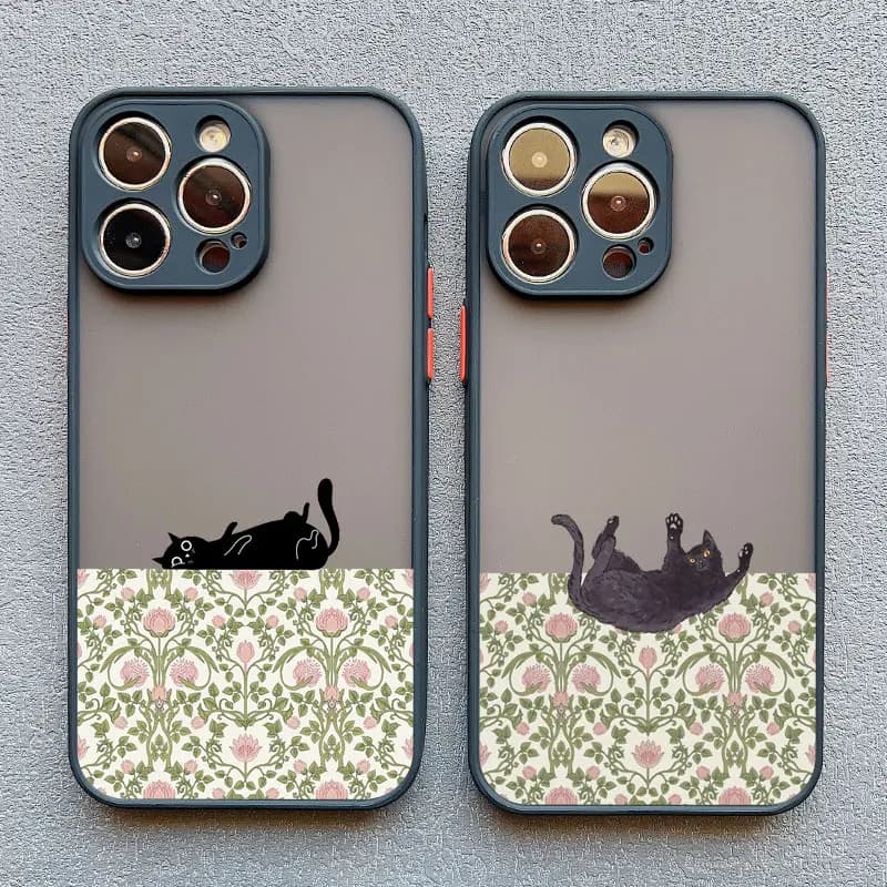 Cute Flower Black Cat Phone Case For iPhone 17 16 15 11 12 14 13 Pro Max Mini X XS XR 7 Plus 17E Shockproof Matte Cover Fundas