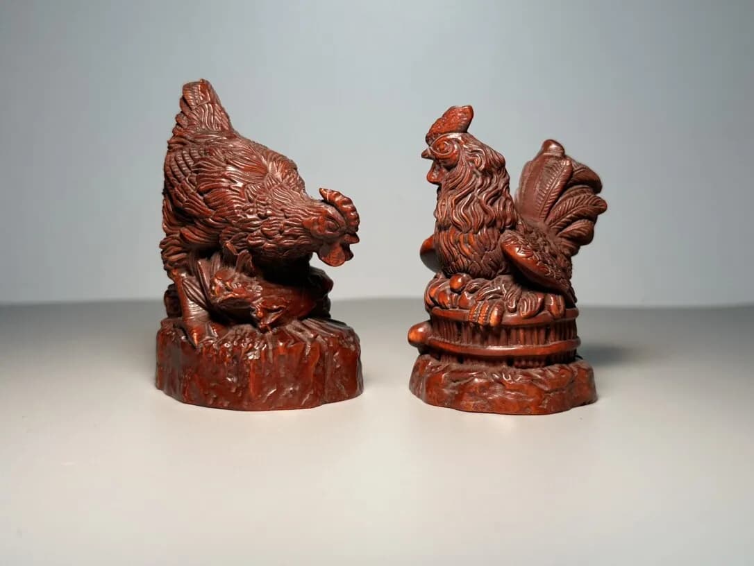 Collecting Exquisite Wooden Carving Zodiac Chicken Decorations for A Pair
