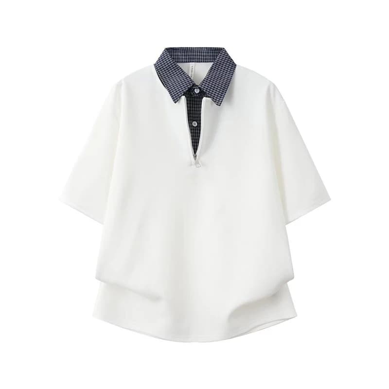 Men's American Style Half-Zip Polo Shirt Plaid Collar Patchwork Fake Two Pieces Loose Short Sleeve Summer Casual T-Shirt