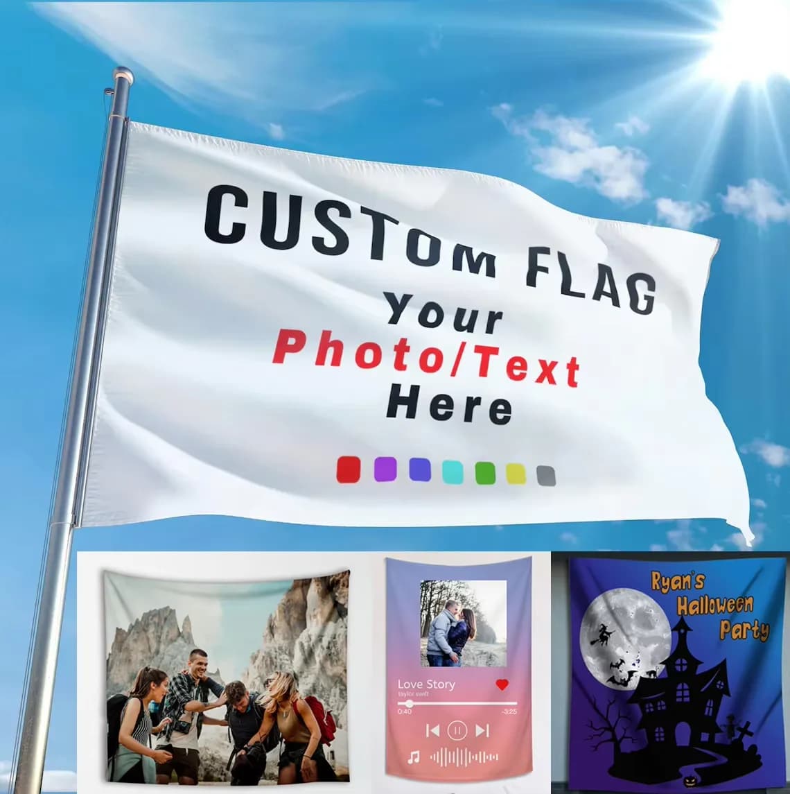 Free Design Graphic Custom Printed Flag Polyester Shaft Cover Brass Grommets Outdoor Advertising Banner Decoration Party Sport