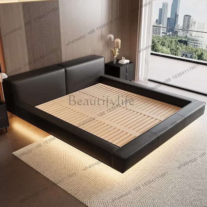 Elegant genuine leather Double bed 180x200cm bedroom furniture interior full size bed frame high-end comfortable