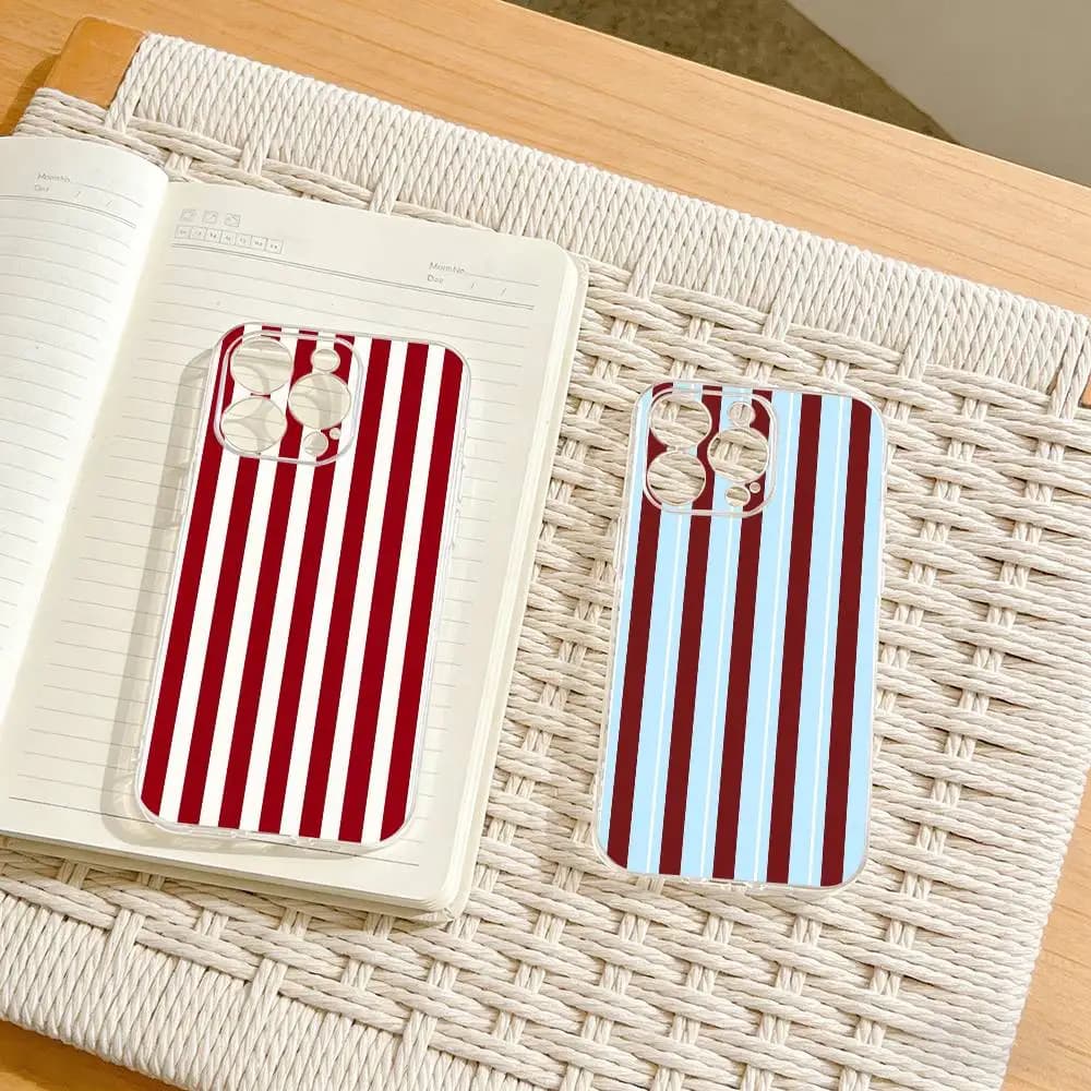 Burgundy White Stripe   Phone Case For iPhone17,16,15,14,13,12,11 Plus,Pro Max Soft Transparent Cover