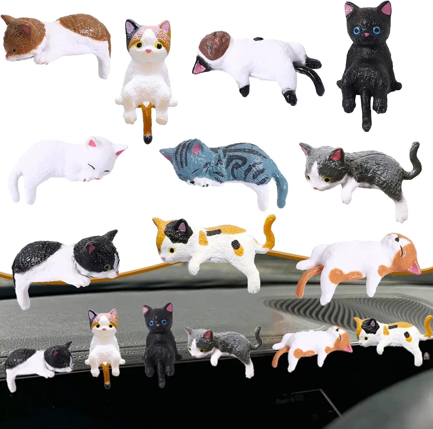 10 Pcs Mini Cat Figurines Desk Cats for Car Dashboard Decor | 10 Assorted Mini Cats in Lounging and Hanging Poses, Car Accessori