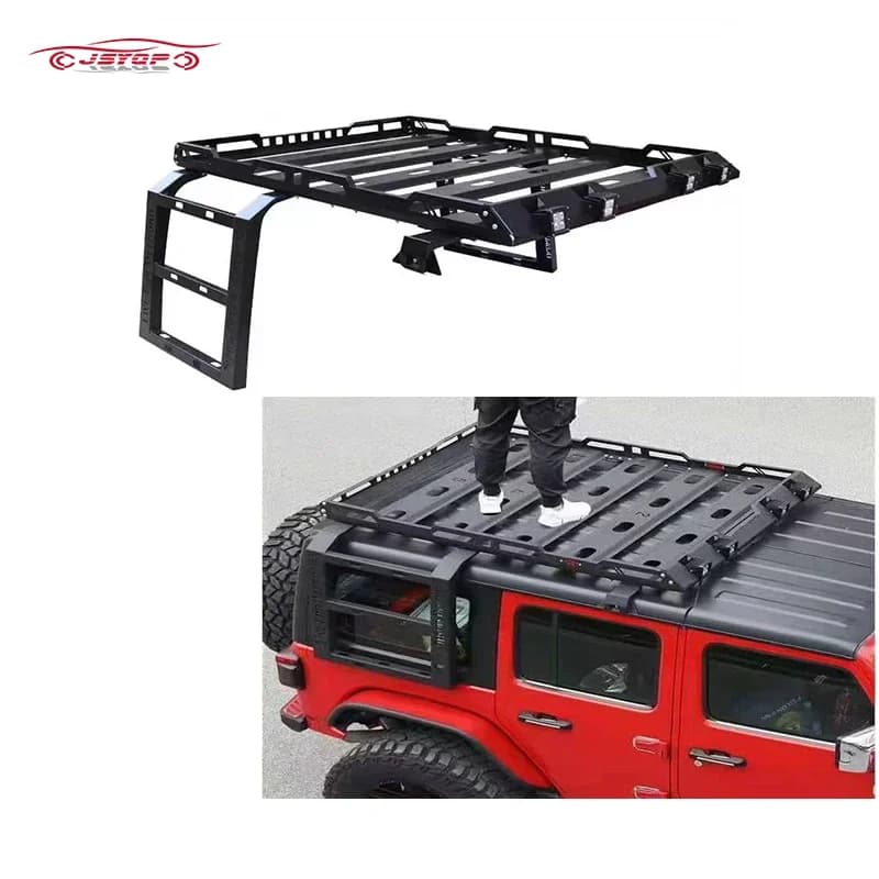 For Jeep 2/4 Door Aluminum Steel & Iron Roof Rack LED Light Luggage Rack Climbing Ladder Cargo Basket for Toyota！