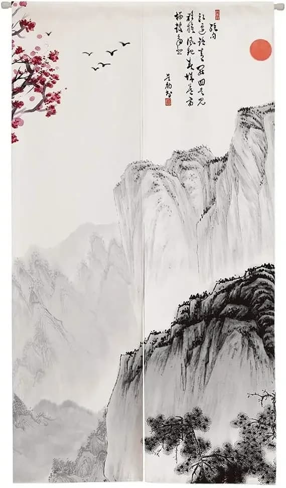 Oriental Noren Door Curtain - Hand-Painted Ink Mountain Design, Chinese-Japanese Fusion Tapestry for Home & Meditation Space