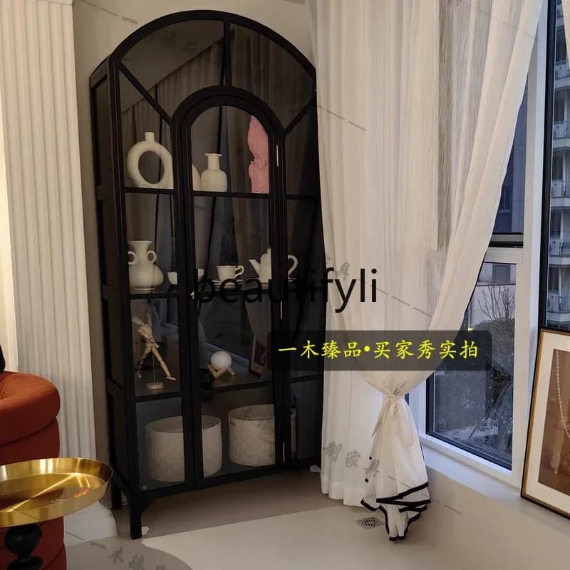 1*American-style Light Luxury Solid Wood Bookcase Simple Arched Design with Glass Door Display Cabinet Vintage Wine Cabinet