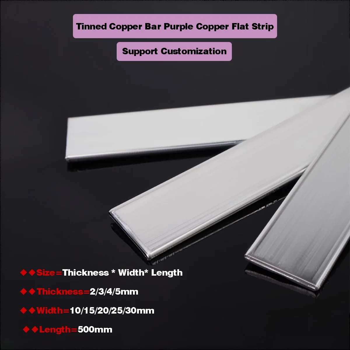 1Pcs Thickness 2mm 3mm 4mm 5mm T2 Tinned Copper Bar Purple Copper Flat Strip / Conductive Grounding Plate Busbar Length 500mm