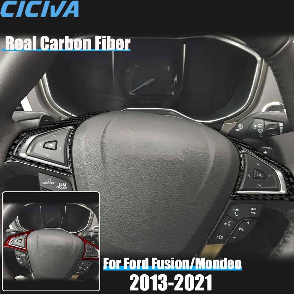 Real Carbon Fiber Car Accessories Steering Wheel Buttons Set Trim Cover Soft Sticker For Ford Fusion/Mondeo 4th Gen 2013-2021