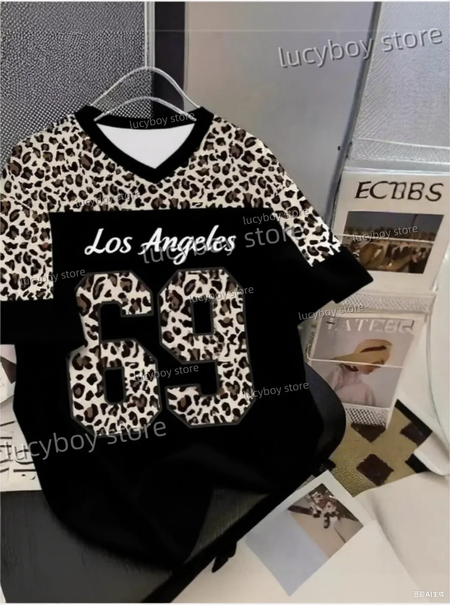 New In Men Color Blocked Leopard 69 Print T-Shirt Man Short Sleeves V-Neck Plus Size T-Shirt Vintage Jersey Tees Men Clothing