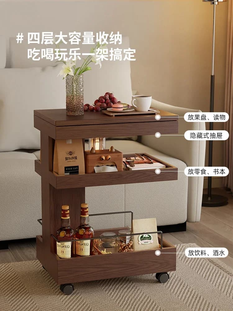 09Solid wood sofa movable dining side trolley rack household bedside table with wheels