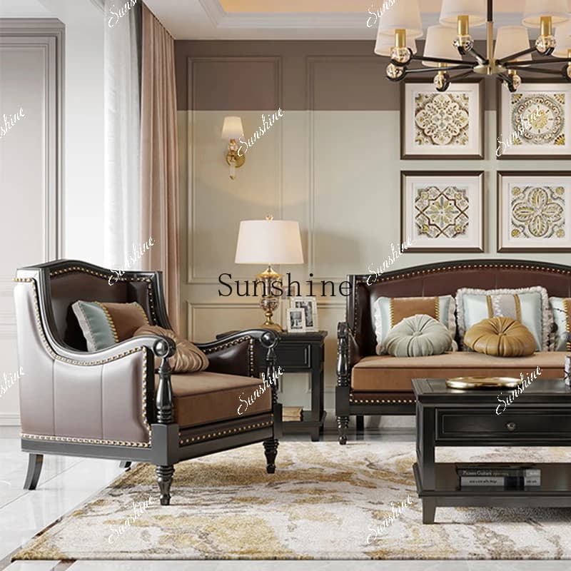American light luxury sofa post-modern leather black simple small apartment living room furniture  FT
