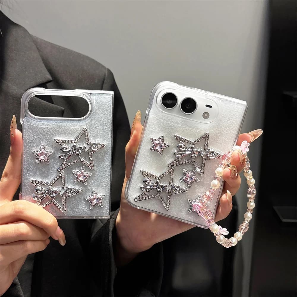 Glitter Clear 3D Rhinestone Crystal Stars Phone Case For iPhone Duo Pink Heart Beaded Butterfly Wrist Strap Y2K Foldable Cover