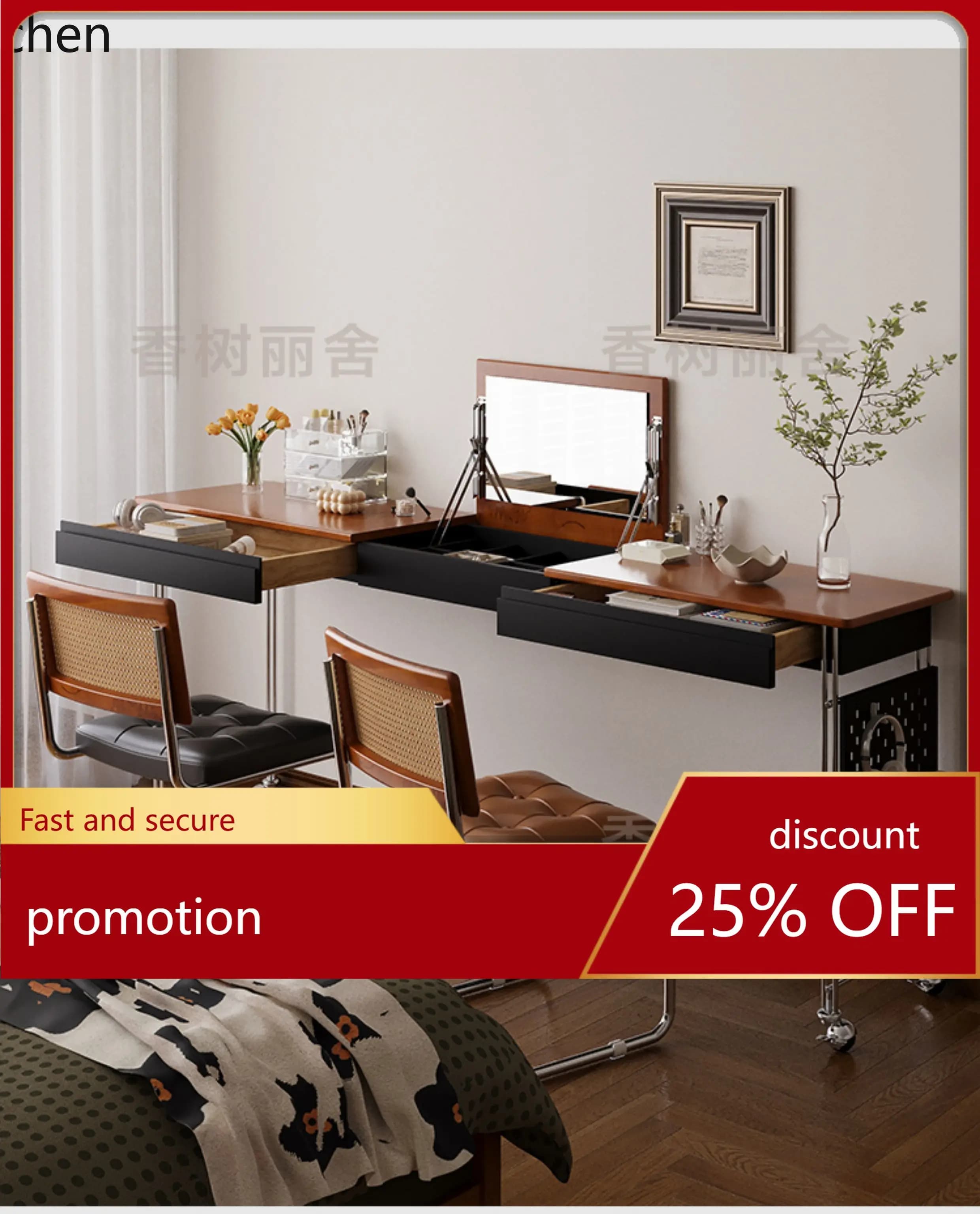 HXL Solid Wood Dressing Table Bedroom Makeup Table Movable Desk with Drawer