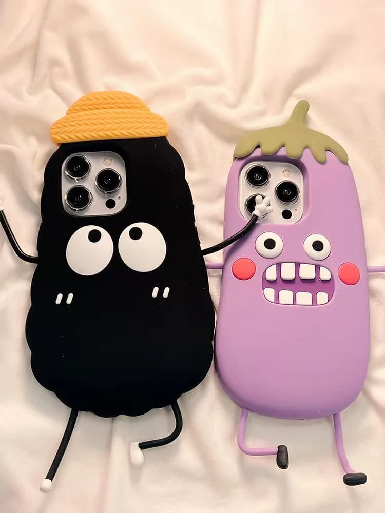 Funny eggplant and cartoon briquettes phone case for iPhone 15 14 13 12 11 Pro Max soft silicone ugly phone case.