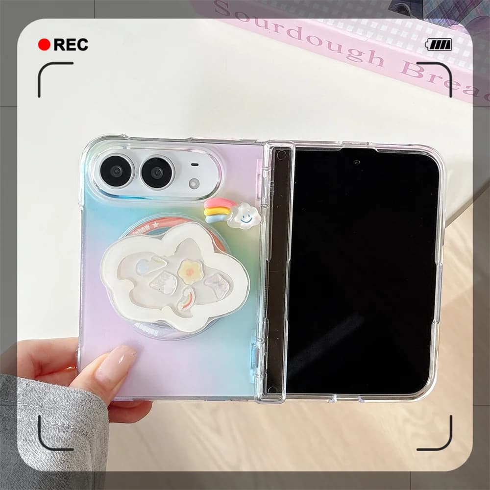 Cute Gradient Rainbow Cloud Magnetic stand Phone Case For iPhone Duo Kawaii 3D Ornament Hard Protective Cover For Magsafe