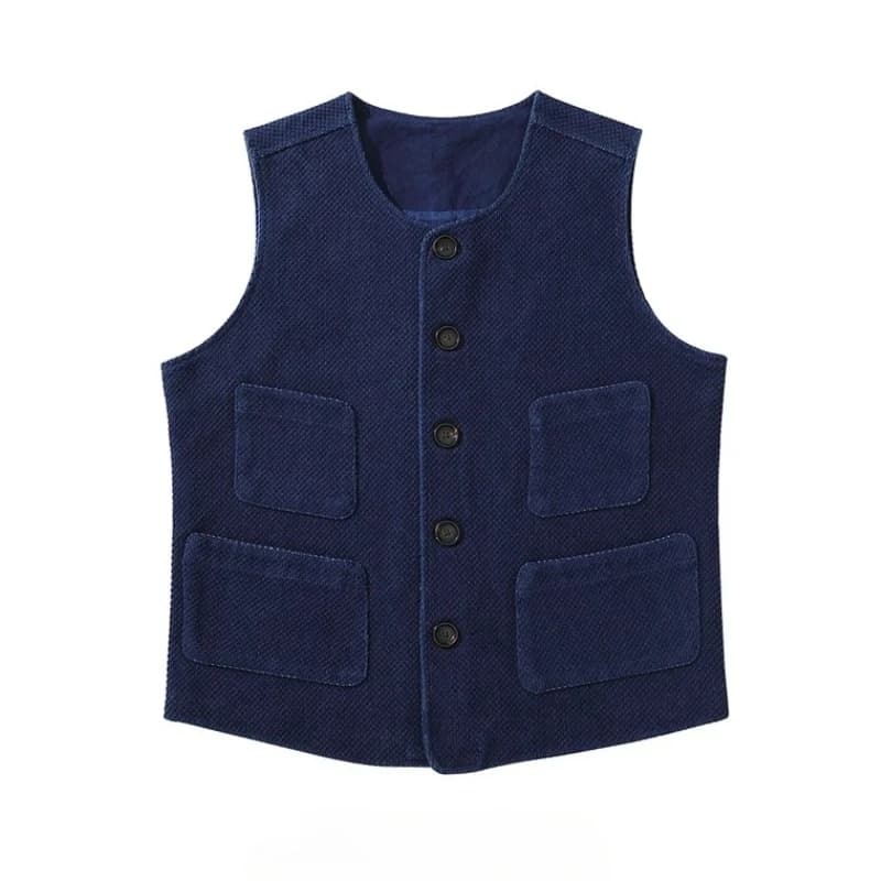 Japanese Retro Indigo Dyed Men's Vest - Kendo Fabric, Multi-Pocket, Timeless Style for All Seasons