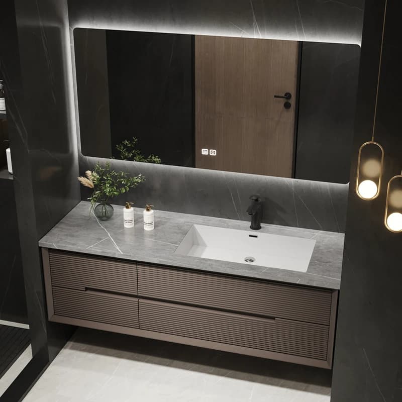 Modern Bathroom Vanity with Double Basins Slab Ceramic Basin and Soft-Close Drawers in Natural Oak for Hotel Apartment Projects
