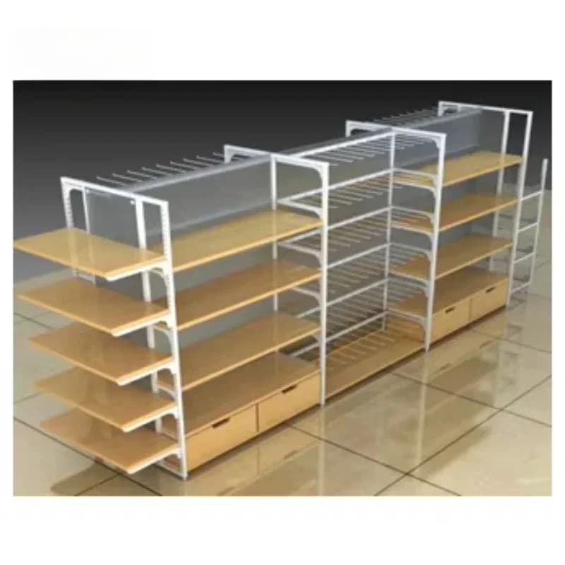 Heavy Duty Double-Sided Supermarket Gondola Shelving Metal Frame Display Rack With Wooden And Steel Combinations For Store Use