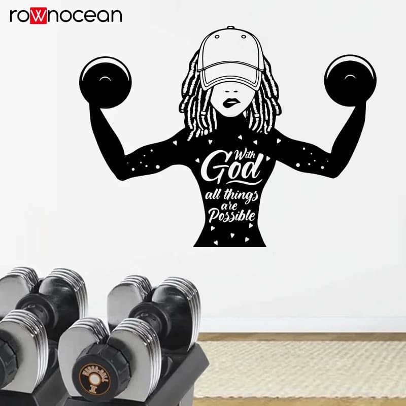 With God All Things Are Possible Afro American Fitness Wall Decal,Workout Motivational GYM Inspirational Wall Decor Vinyl E637