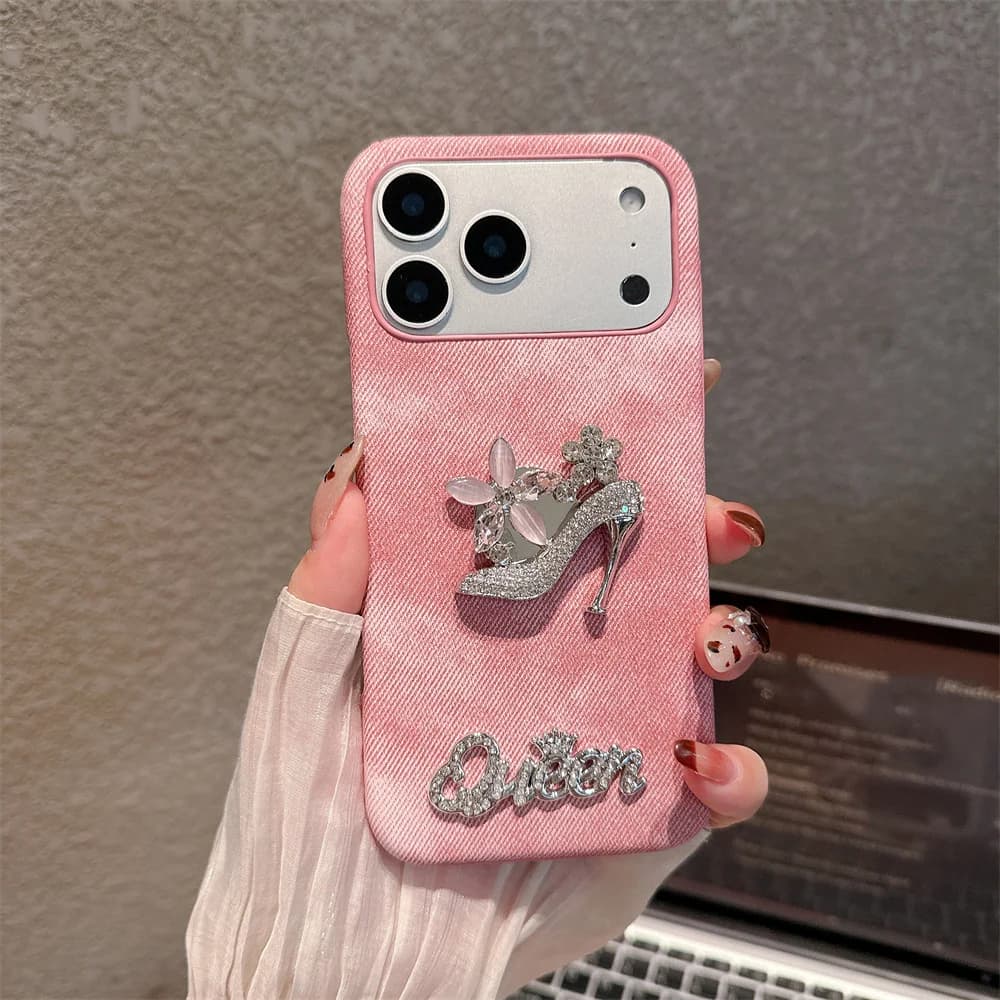 Y2K Luxury Sparkle 3D Diamond High Heel Queen Phone Case for iPhone 17 Pro Max Girly Jeans Texture Cover for iPhone 16 15 14 13