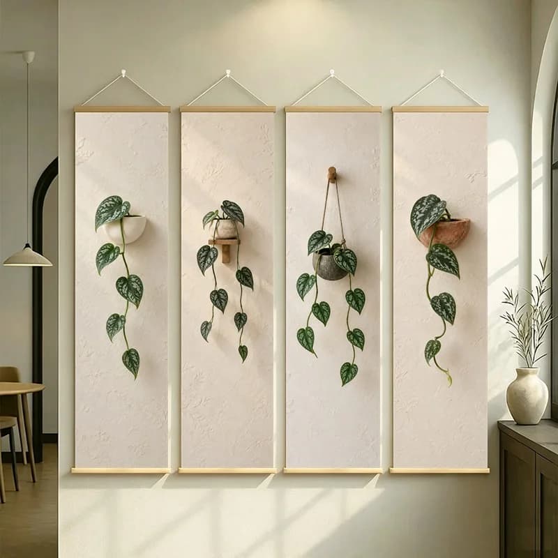 Heart Leaf Wall Art 4-Panel Green Vine Terracotta Pot Scroll Set on Cream Silver Shimmer Canvas for Cozy Living Room Decor