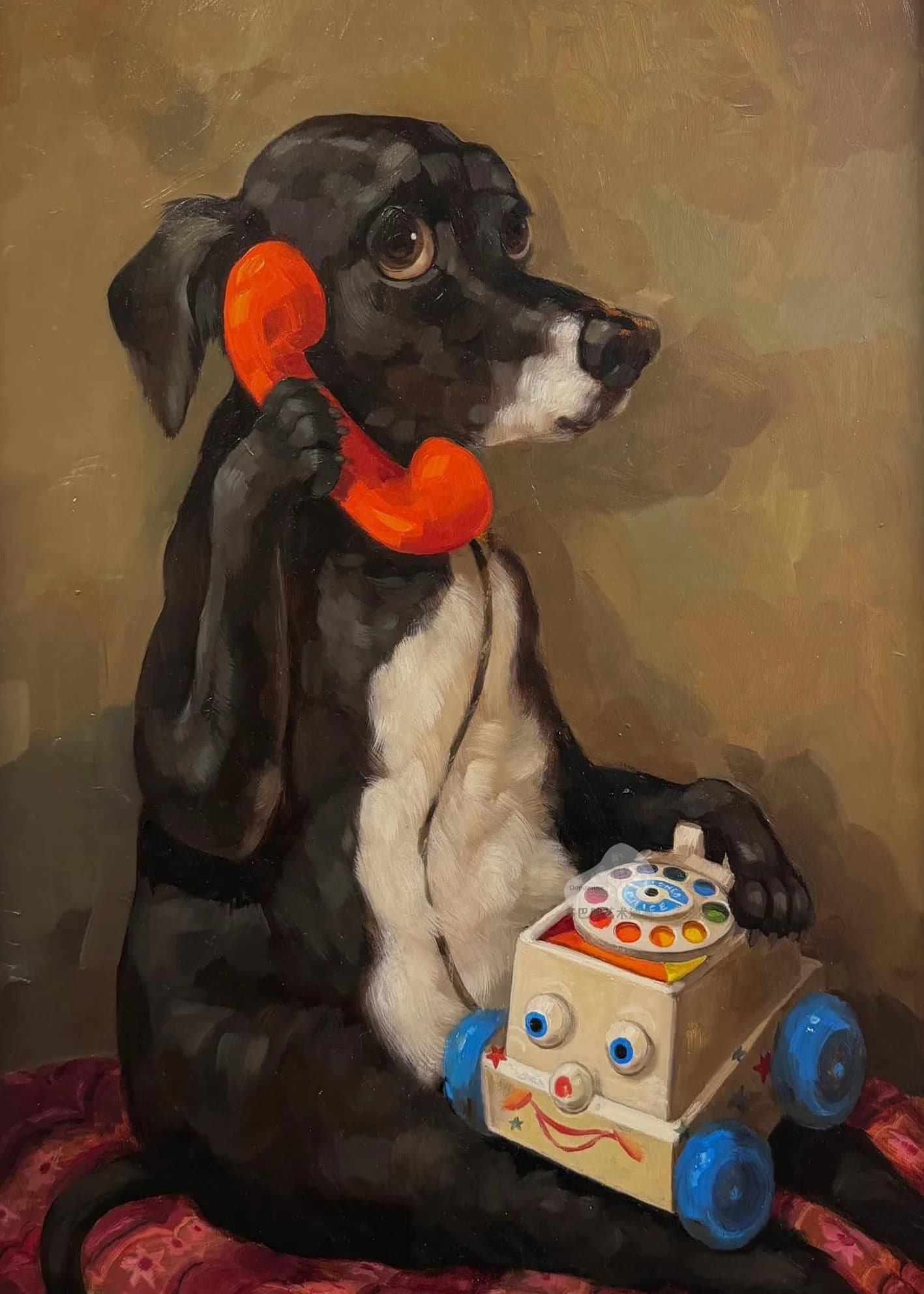 Abstract puppy dog spoof fun hand-painted oil painting,  American retro corridor aisle hanging painting