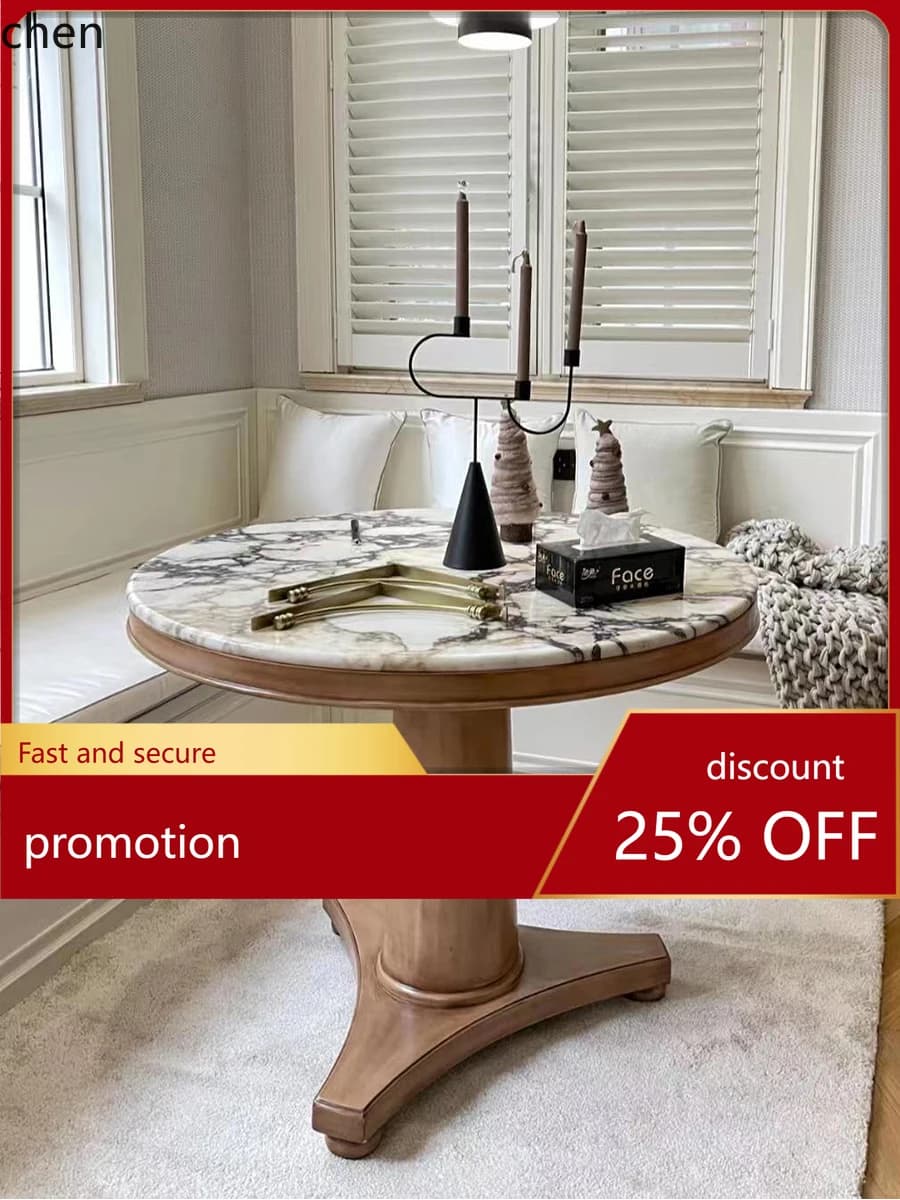 HT Xiaohongshu Retro  Dining Table and Chairs Natural Wood Style Round Balcony Leisure Dining Table Marble Coffee Table