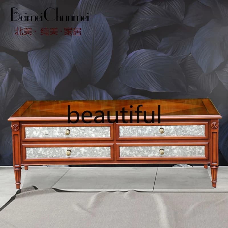 American rural leisure pure solid wood carving living room rectangular coffee table private house villa high-end coffee table