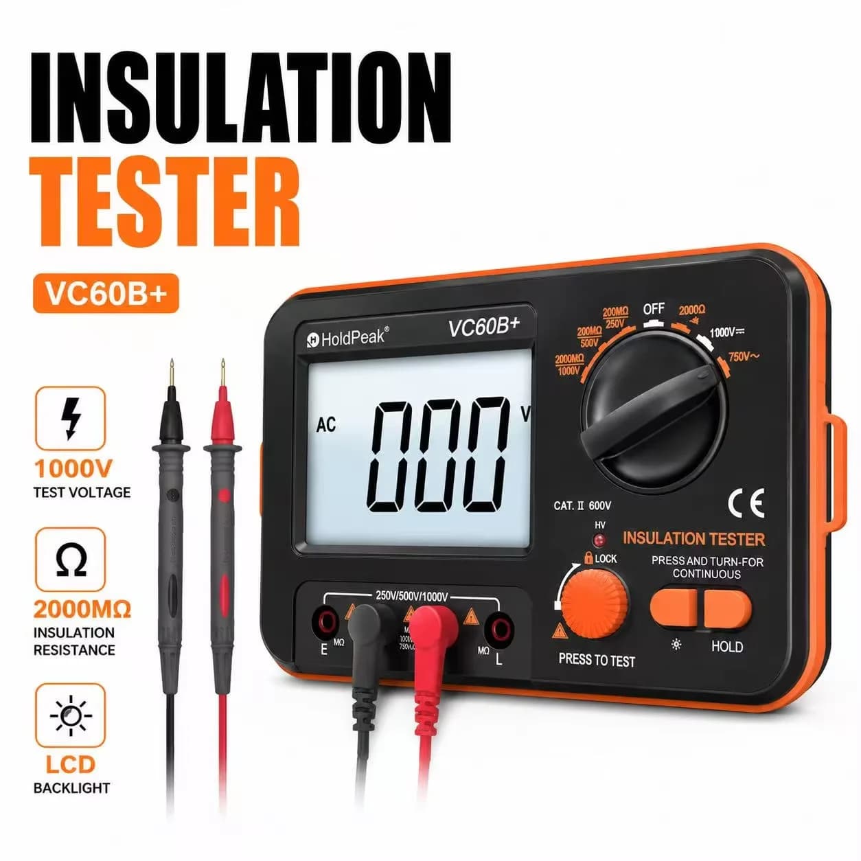HoldPeak Digital Megohmmeter 1999 Count 2000MΩ G-Shield 250/500/1000V Factory Calibrated for Cable Motor Insulation Test