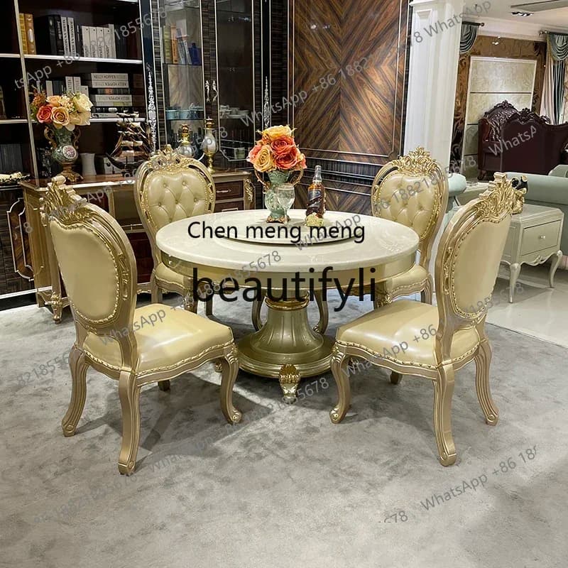 French solid wood round dining table marble luxury carved dining room matching furniture2936