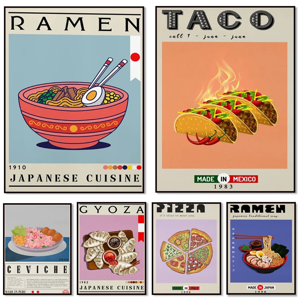 Malaysian nasi lemak, peruvian ceviche, french ratatouille, japanese dumpling ramen, italian pizza, mexican taco food poster
