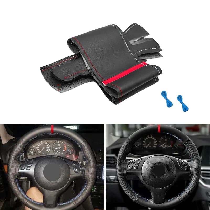 Hand Stitched Perforated Leather Steering Wheel Cover with Red/Blue Lines for BMW M Sport E46 330i 330Ci E39 540i 525i 530i M3