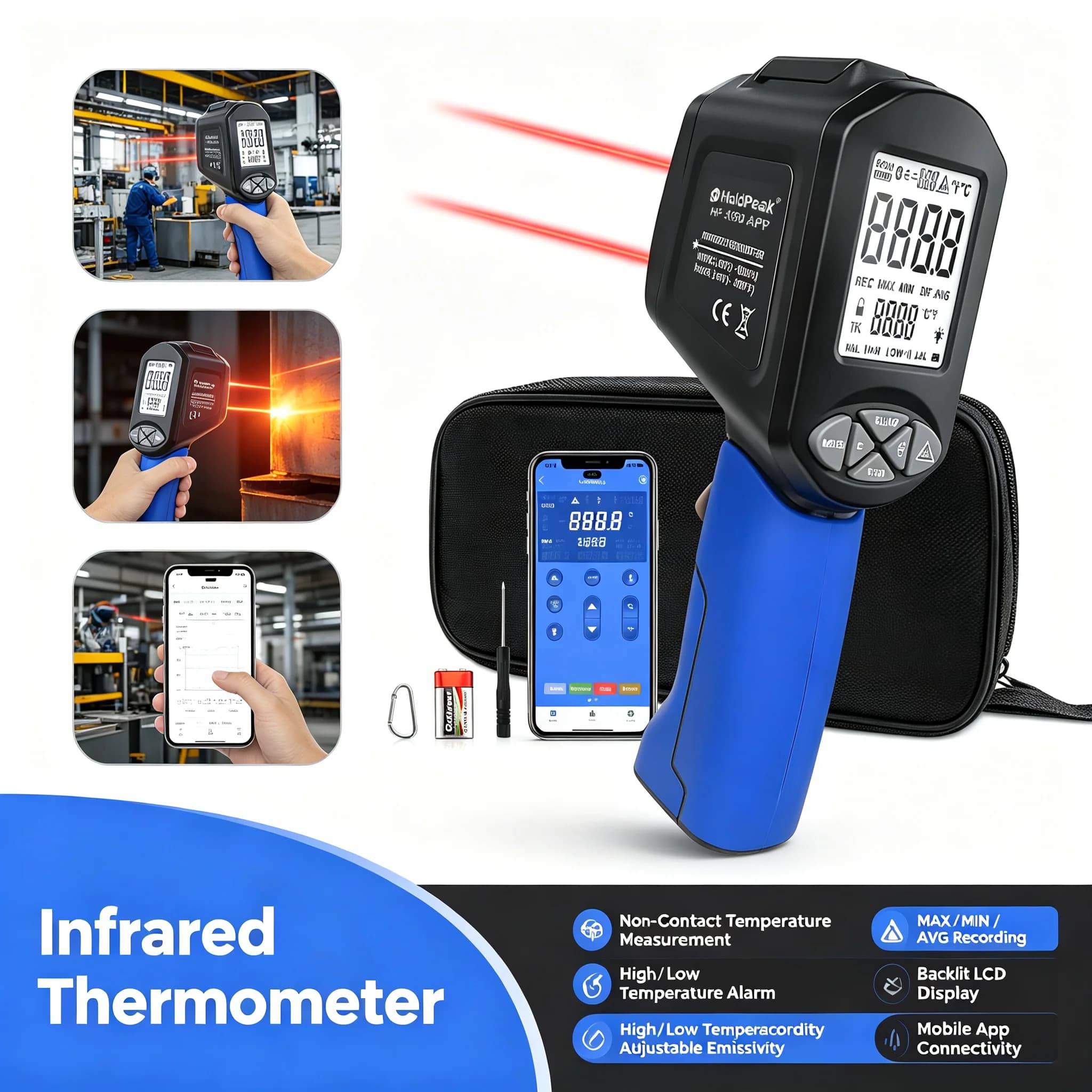 Smart APP Infrared Thermometer 1580℃ 30:1 Digital Temperature Gun LCD Pyrometer for Industrial Automotive Cooking Diagnostics