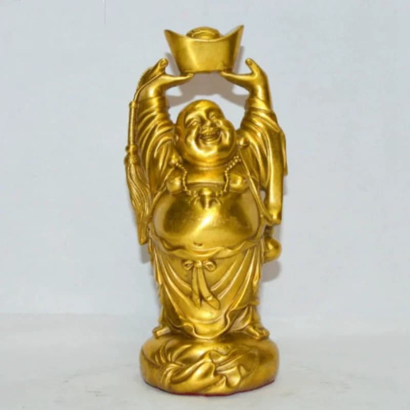 Vintage Brass Laughing Buddha Statue Holding Gold Ingot - Traditional Zen inspired ornaments, Home Altar Decor & Collectible