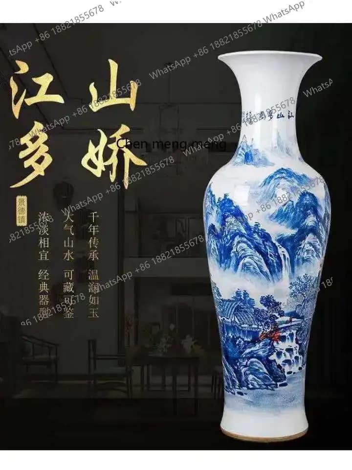Jingdezhen ceramic hand-painted blue and white porcelain river 1.4 landscape landing large vase home furnishing hotel ornament