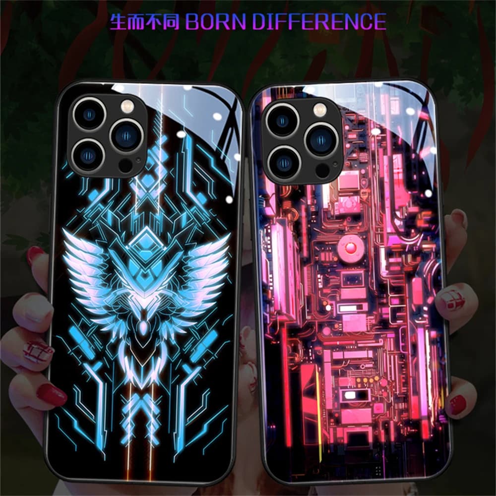 2025 New Machine Box Pattern Glass LED Call Light Up Flash Phone Case Cover For iPhone Air 17 16 E 15 14 13 12 11 Pro Max Plus X