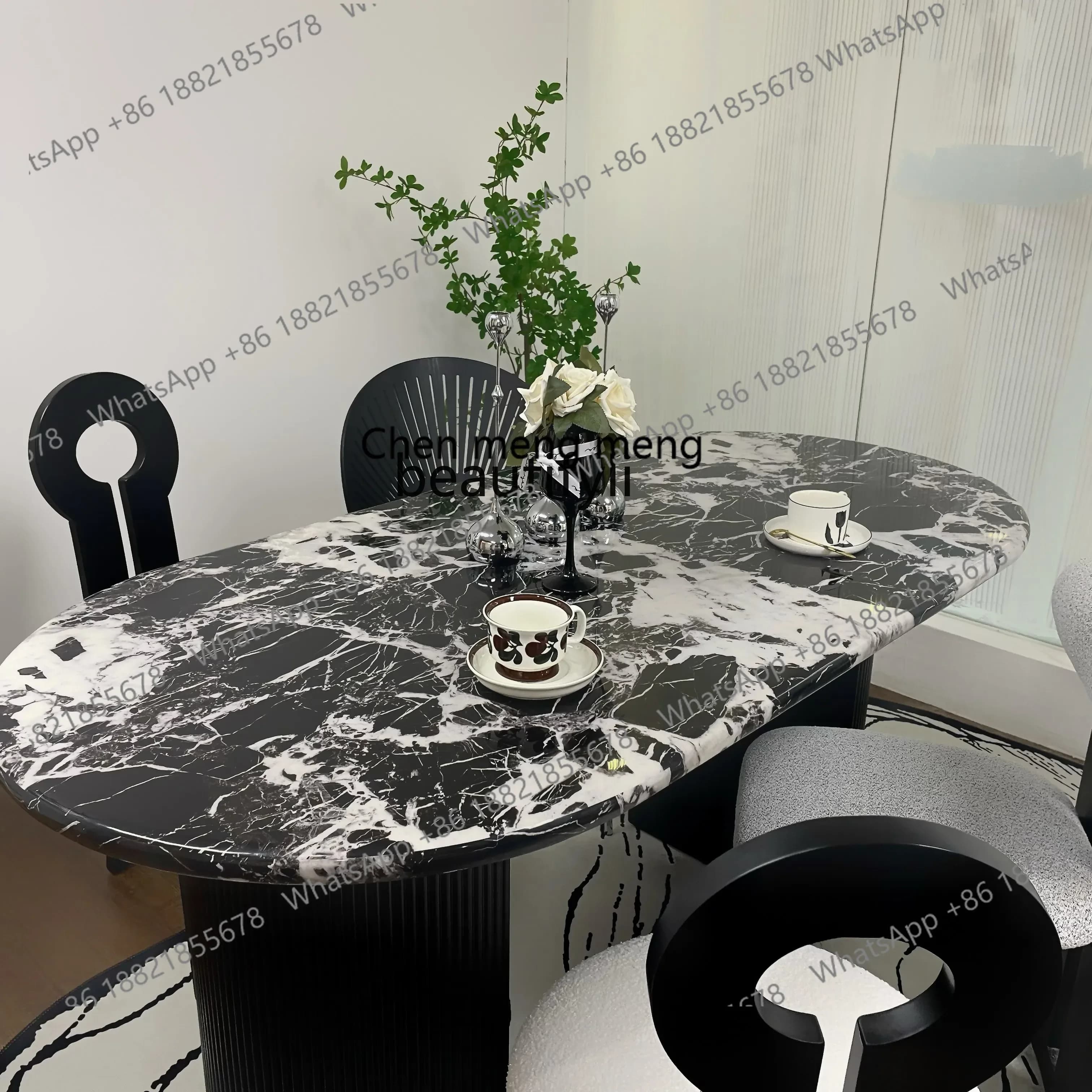 M178 French, marble dining table, black European light luxury small apartment retro medieval oval dining table
