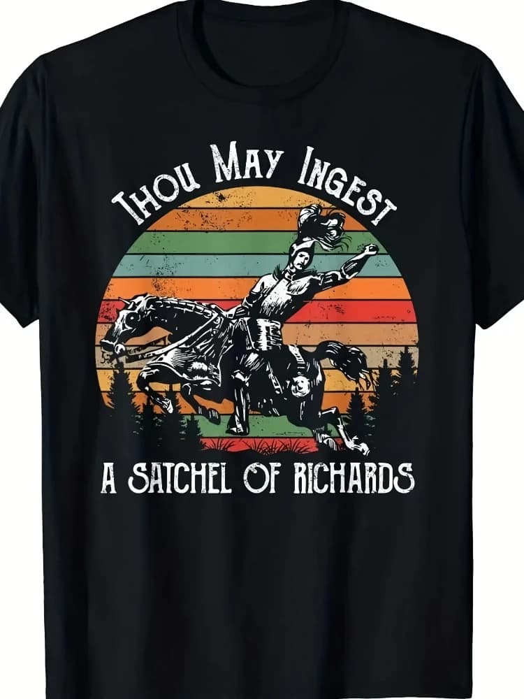 Medieval Knight & Richard's Wine Humorwith "Thou Shalt Drink Richard's Wine" Slogan-100% cotton O-neck men's printed T-shirt.