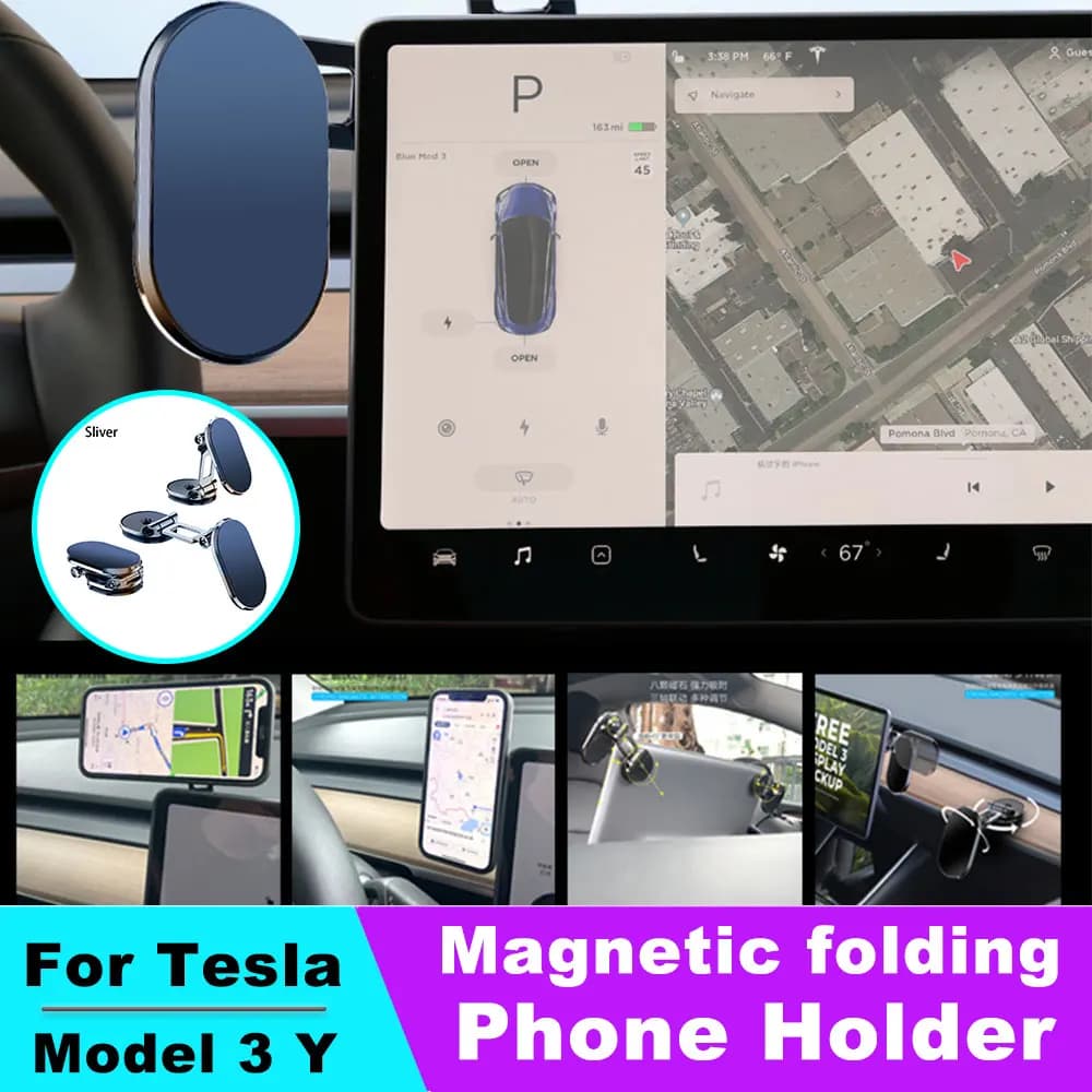 Metal Magnetic Car Phone Holder Foldable For Tesla Model 3 Y Universal Mobile Phone Stand Air Vent Magnet Mount GPS