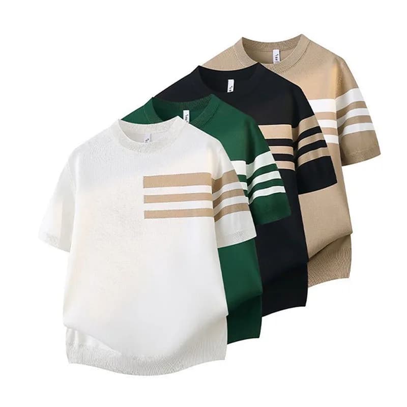 Korean Style 2026 Summer New Fashion Men's Striped Contrast Color O-neck Short Sleeve Breathable Casual Trendy T-shirts Male Top